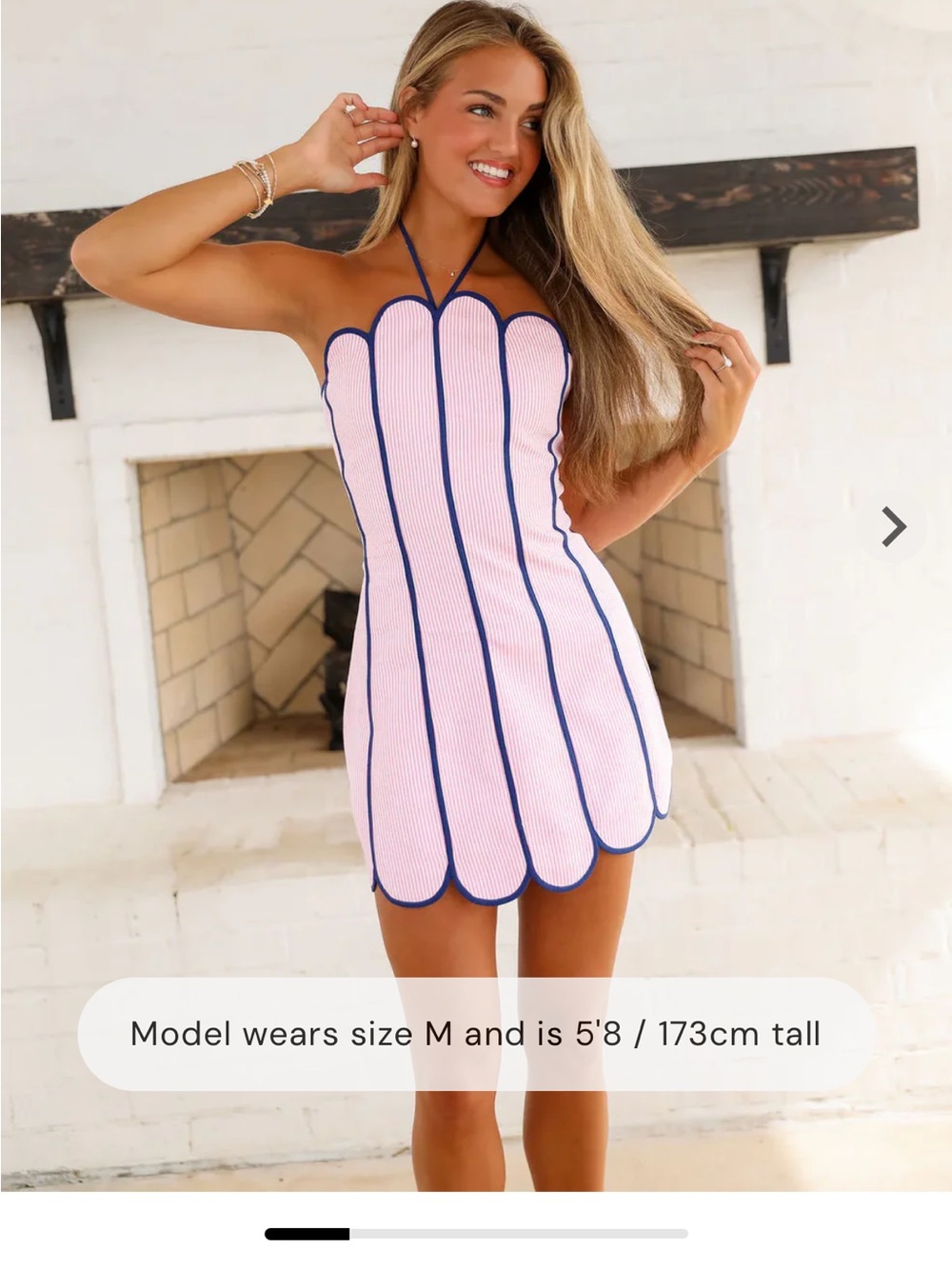 Scalloped Pink Halter Mini Dress with Navy Trim